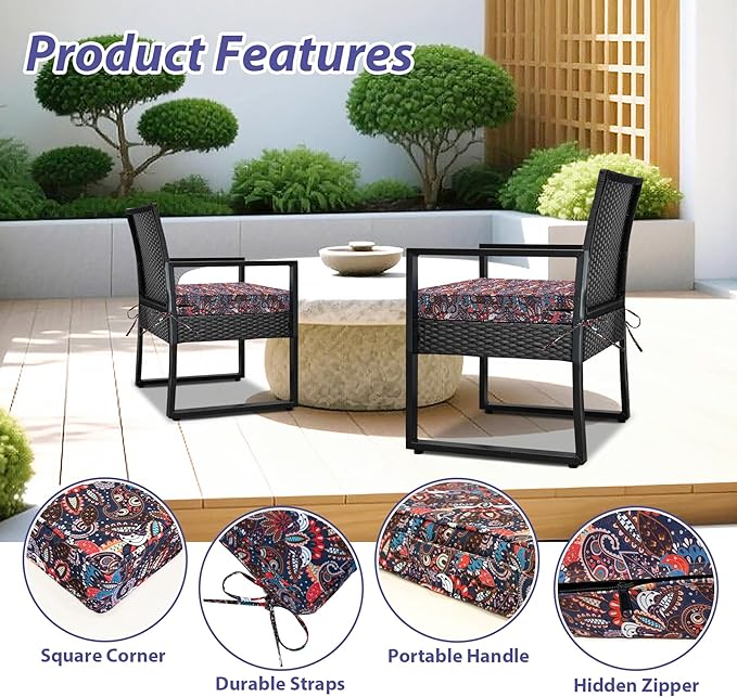 Outdoor Chair Cushions Set of 4,Waterproof Outdoor Seat Cushions for Patio Furniture,Patio Chair Cushion with Handle and Ties, Out Door Chair Pads,17" x 16" x 2", Artistic Floral