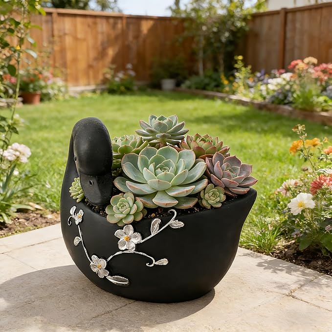 Teaeeno Decorative Garden Swan Planters Succulent Pots Indoor Unique Flower Plant Pots Cement Swan Decor Home Garden Balcony Decor (Black)
