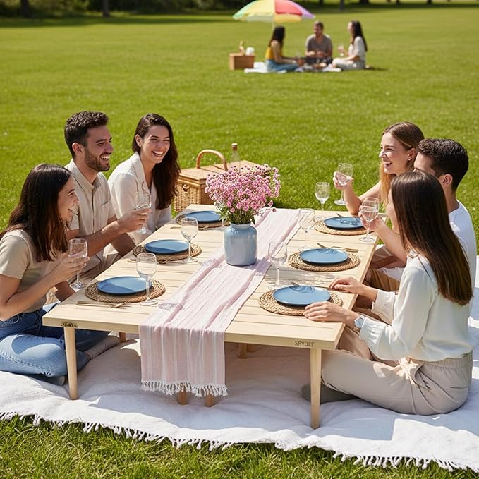 1 Set Low Picnic Table, Foldable Boho Picnic Table with Extra Large Outdoor Camping Blanket Portable Boho Wood BBQ Tables for Camping Wedding Beach BBQ Party (for 4 Person,Wood Color)