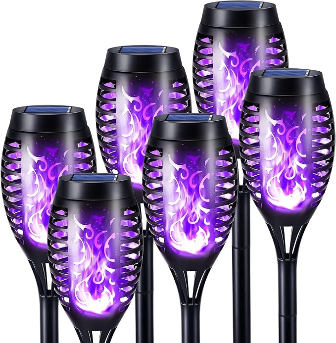 Toodour Solar Torch Flame Lights, 6 Pack Solar Lights Outdoor with Flickering Flame, Waterproof Solar Pathway Lights Landscape Decoration Lighting for Garden, Lawn, Yard, Outdoor Decor - Purple