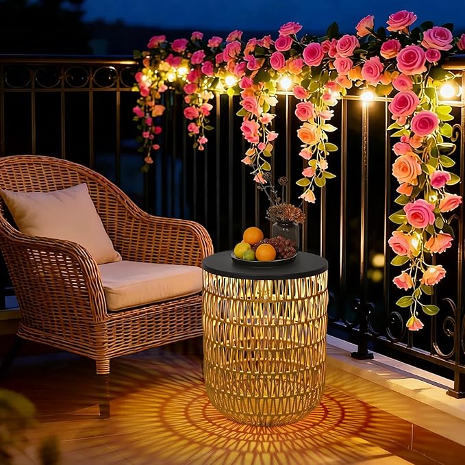 HMVPL Solar Outdoor Side Table Set of 2 with Dimmable Light, Round Patio Side Table for Outside, Outdoor End Accent Tables, Plastic Rattan Patio End Table for Poolside Backyard Gazebo, Dusk to Dawn