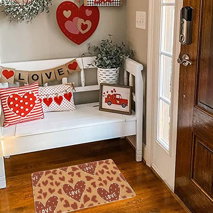 Valentines Welcome Mats for Front Door, Indoor, Outdoor Entrance, Red Love Decor Seasonal Anniversary Wedding Faux-Coir Porch Thin Doormat, Non-Slip Heart-Rug 17"x30" Low-Profile Dirt-Trapping Mat