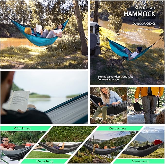 ERUW Hammock Camping, Portable Single/Double Hammocks for Outdoor Hiking Travel Backpacking - 210D Nylon Hammock Swing for Backyard & Garden (Blue/Sky Blue)