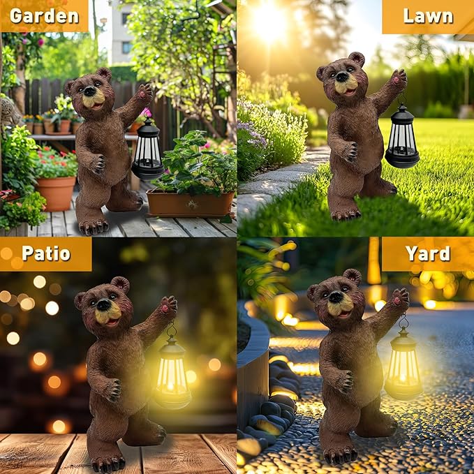 Solar Lantern Garden Statues Decor, 14" Large Outdoor Bear Figurine Lights for Yard Patio Decoration - Unique Christmas Housewarming Gift for Grandma Wowen Mom
