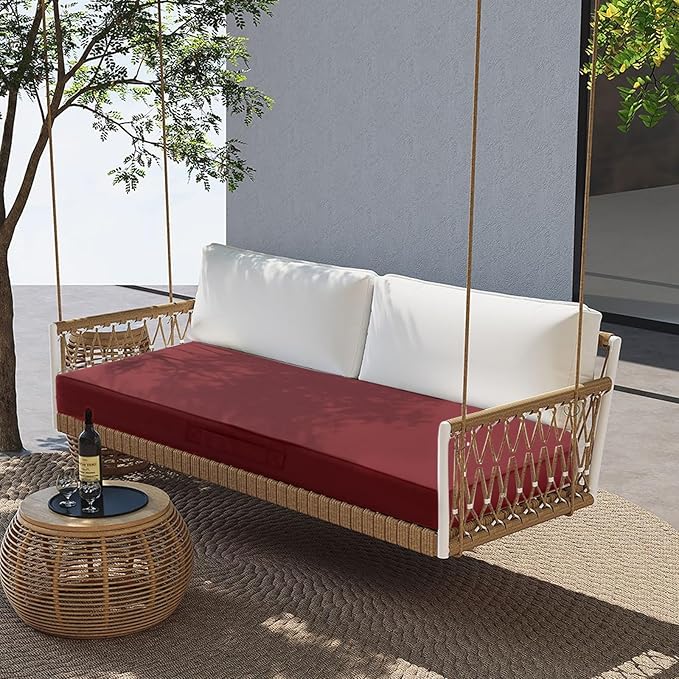 Outdoor Bench Cushion 4 inches Memory Foam Waterproof Patio Furniture Bench Cushion Porch Swing Cushion with Handle and Adjustable Strap, 42 x 18 Inch Burgundy