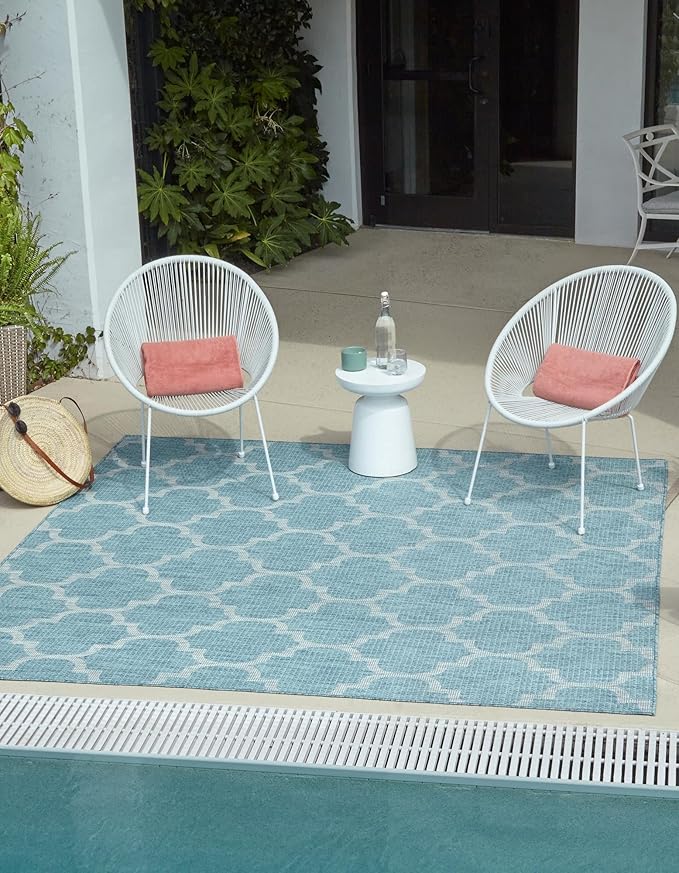Unique Loom Outdoor Trellis Collection Area Rug (7' 10" Square, Aquamarine/ Gray)