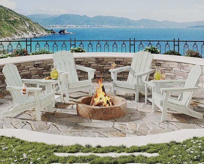 Folding Adirondack Chair Set of 4 with 2 Side Table, All-Weather HDPE Outdoor Chair, Wooden Textured with Cup Holder for patios, Decks, Gardens, fire pits, White