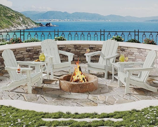 Folding Adirondack Chair Set of 4 with 2 Side Table, All-Weather HDPE Outdoor Chair, Wooden Textured with Cup Holder for patios, Decks, Gardens, fire pits, White