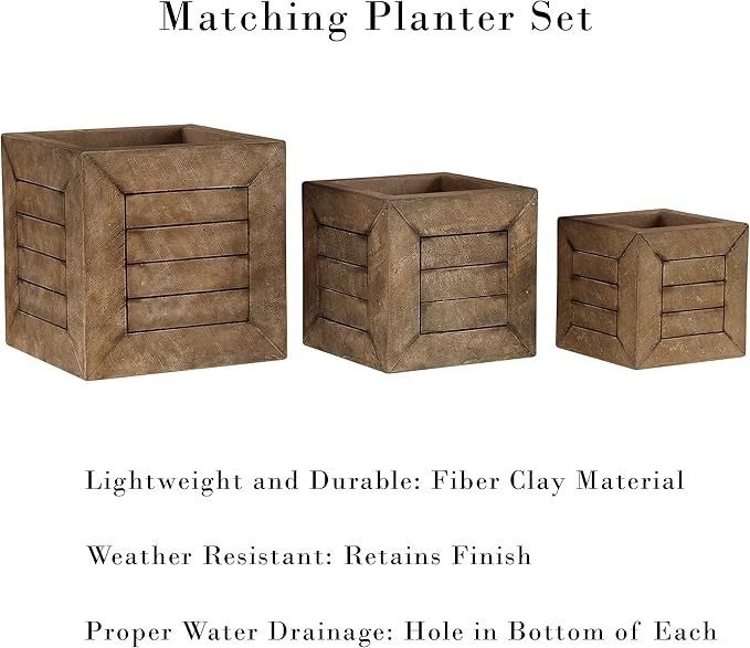 Pure Garden Plant Pots - Wood-Look Planter Set of 3-15.7”, 12.7” and 10” Square Large Outdoor Planters - Rustic Flower Pots Outdoor (Brown)