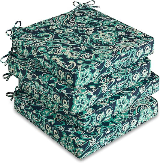 downluxe Outdoor Chair Cushions Set of 4, Waterproof 19" x 19" x 3" Patio Chair Cushion with Non-Slip Ties & Handle, Square Outdoor Cushion for Patio Furniture with Removable Cover, Green Paramecium