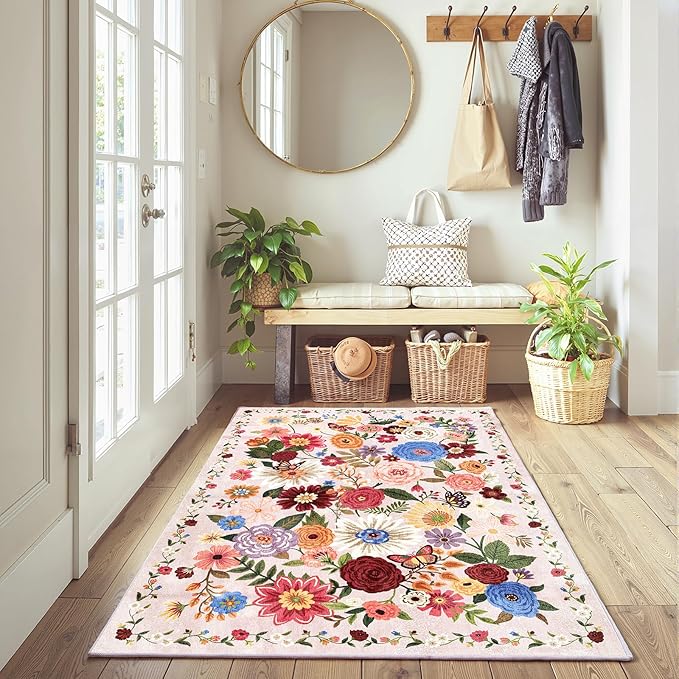 Pink/Beige Floral Machine Washable Rug, 3x5 Rug Non Slip Soft Bedroom Rugs for Entryway Dorm, Ultra-Thin Rugs for Bedroom Stain Resistan(3 x 5, Beige/Pink Garden)
