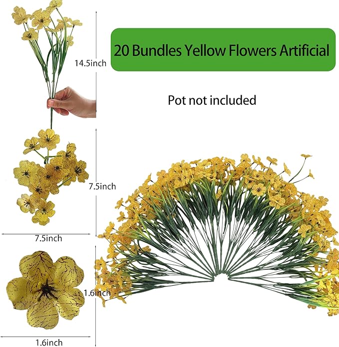 20 Bundles Artificial Flowers for Outdoors, UV Resistant Fake Flower with Plastic Plants, Faux Silk Flowers for Outdoor Planters , Fake Realistic Plant for Outside Front Porch Patio Decor-Yellow