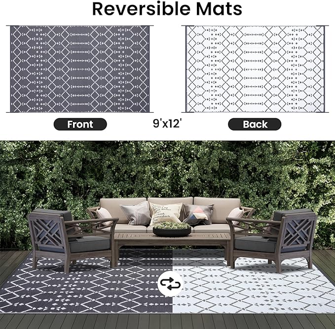 Smiry Outdoor Rug 9x12 ft, Waterproof Reversible Plastic Straw Rugs, Boho Outdoor Area Rug, Outside Floor Mat for Patio, Backyard, Deck, Picnic, Beach, Camping, Grey