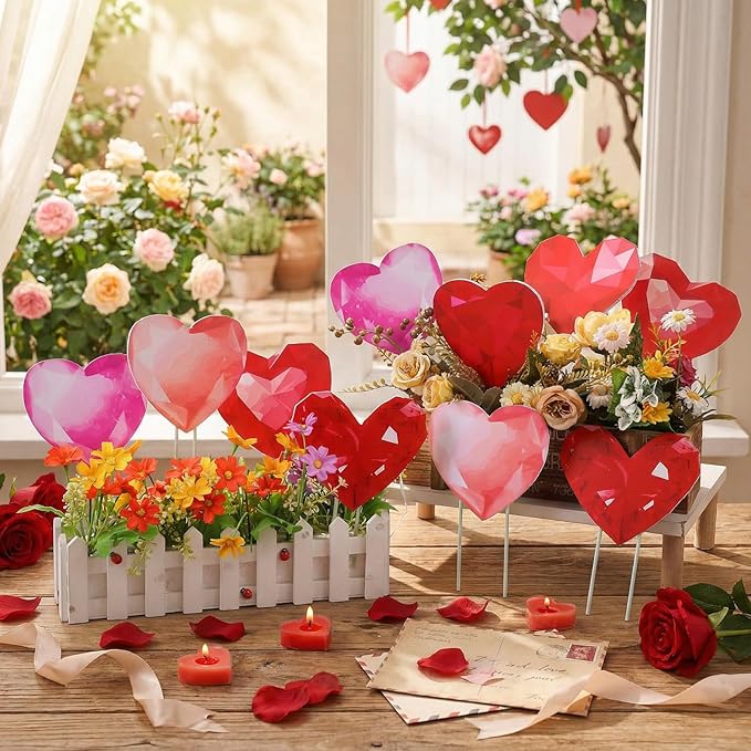 Bucherry 12 Pcs Valentine's Day Diamond Heart Shape Planter Stakes 3D Effect Heart Decorative Garden Yard Stakes Valentines Flower Pots Signs for Home Anniversary Party Outdoor Lawn Decor