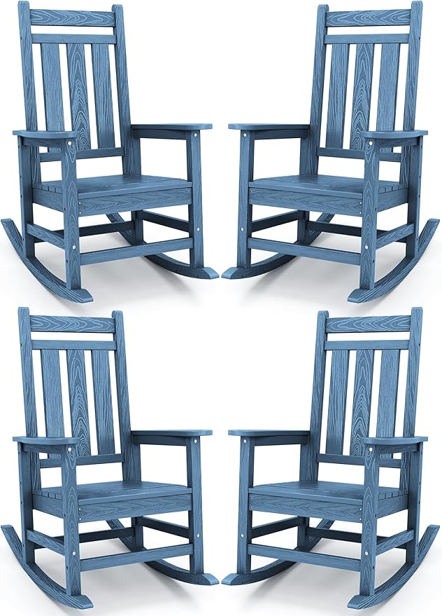 KINGYES Outdoor Rocking Chair Set of 4, All-Weather Patio Rocking Chairs for Porch, HDPE Rocking Outdoor Chairs with High Back for Adult, Heavy Duty Outdoor Patio Rockers for Garden, Lawn, Blue