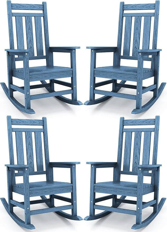KINGYES Outdoor Rocking Chair Set of 4, All-Weather Patio Rocking Chairs for Porch, HDPE Rocking Outdoor Chairs with High Back for Adult, Heavy Duty Outdoor Patio Rockers for Garden, Lawn, Blue