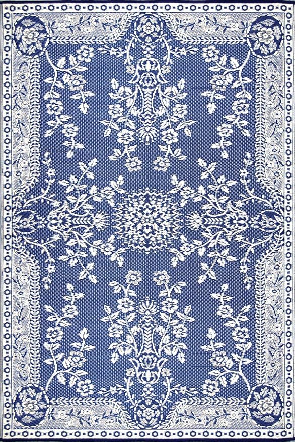 Mad Mats Traditional Outdoor Rug, Reversible Plastic Mat (6' x 9', Oriental Garland - Blue/White)