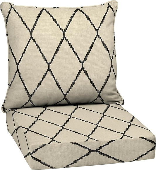 Arden Outdoor Deep Seat Cushion Set, 24 in x 24 in, Patio Cushion for Chair, Sofa, and Couch Tan Diamond Trellis