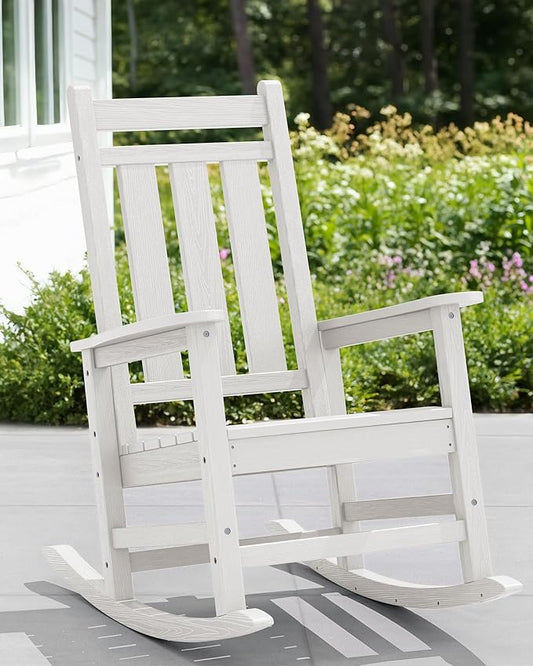 KINGYES Outdoor Rocking Chair, All-Weather Patio Rocking Chairs for Porch, HDPE Rocking Outdoor Chairs with High Back for Adult, Heavy Duty Outdoor Patio Rockers for Garden, Lawn, White