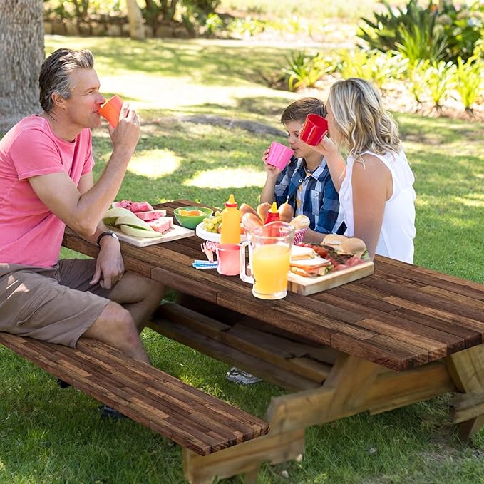 Picnic Table Cover with Bench Covers Elastic Edges, Brown Wood Fitted Table Cover, Outdoor Patio Camping Essentials 72 Inch 3PCS, Waterproof Camping Fitted Tablecloth with Drawstring Bag