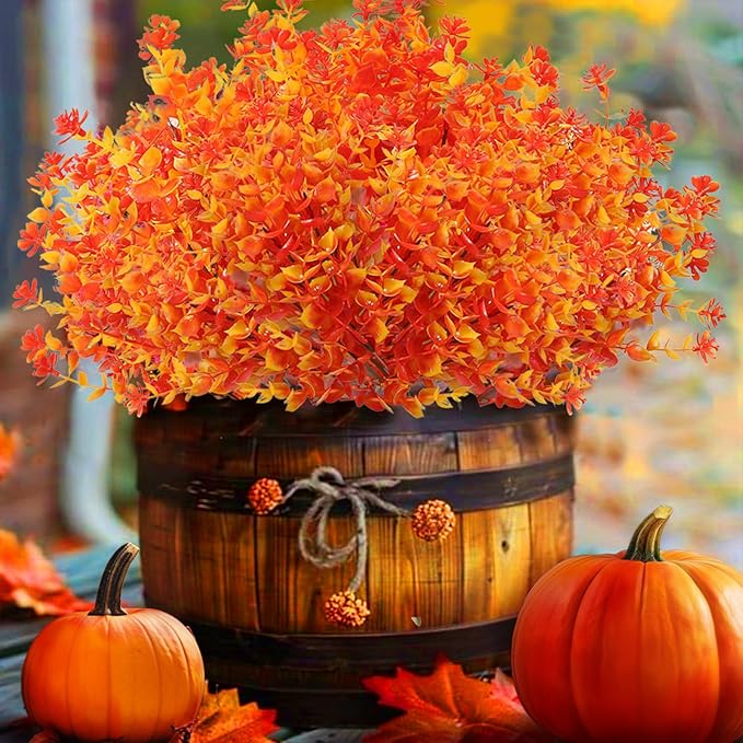 Artificial Fall Flowers for Outdoors, 10 Bundles Faux Flower UV Resistant Fall Fake Mums Plants for Outside Halloween Christmas Porch Decoration Fall Decor(Orange(Eucalyptus))