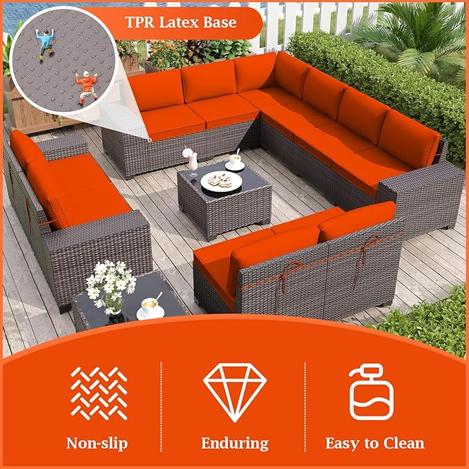 Outdoor Sectional Cushions, 4" Foam High-Density, Water-Resistant Couch Cushions Replacement Set, 14 Piece Patio Sectional Cushion for 6-Seat Sectional Patio Conversation Sets (Orange)