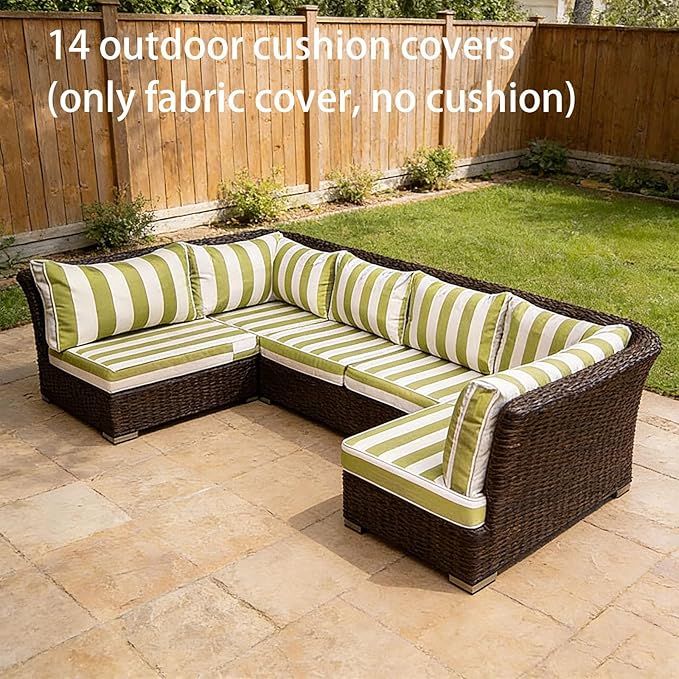 Outdoor Cushion Covers for Patio Furniture, Patio Cushion Covers Replacement with Zipper, Waterproof & Fade Resistant,Only Cover (Green and White Stripes, 25.6Lx25.6Wx4H - Only Covers)