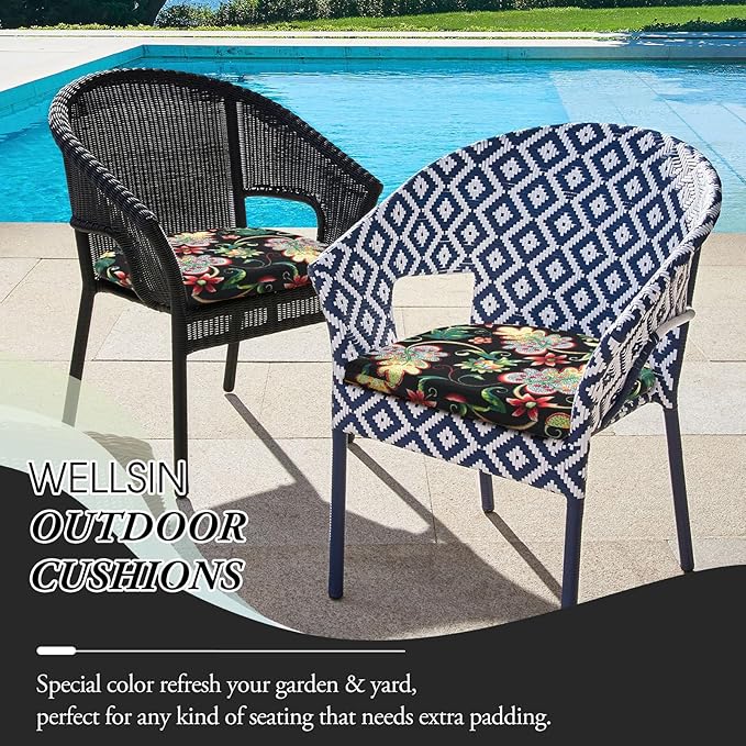 Wellsin Outdoor Chair Cushions for Patio Furniture - Patio Chair Cushions Set of 6 - Water Resistant Round Corner Outdoor Seat Cushions 17"X16"X2", Flower Black