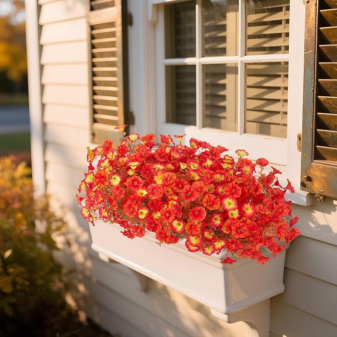 Fake Fall Flowers Artificial for Decoration, 12 Bundles Faux Plants Silk Orange Flowers Morning Glory Petunias Realistic UV Resistant for Outdoors Planter Porch Patio Window Box, Sunset