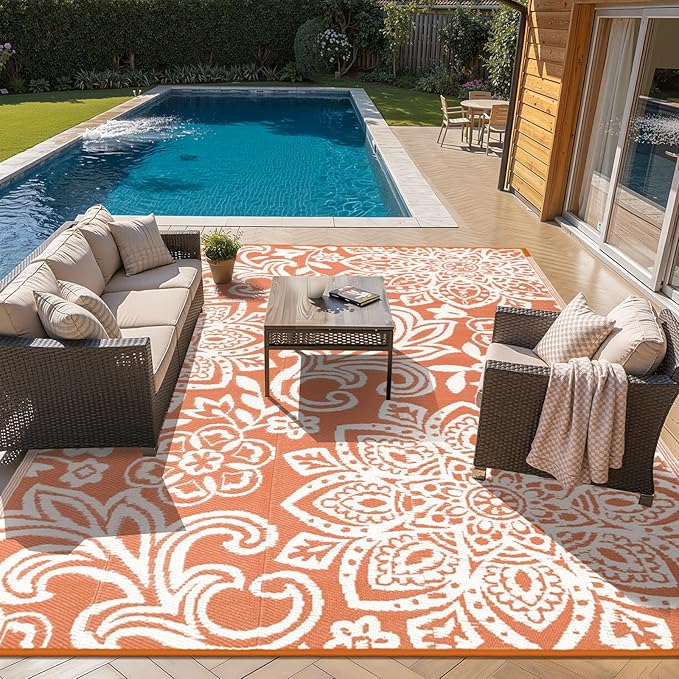 Findosom Waterproof Outdoor Rug 8' x 10' - Reversible Mandala Outdoor Plastic Straw Rug, Durable Foldable Patio Rug for RV, Deck, Balcony, Backyard, Picnic, Porch, Camping, Beach, Orange