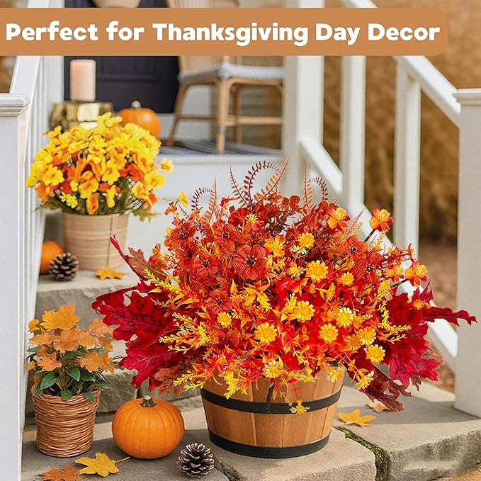 Fall Flowers Artificial for Thanksgiving Decoration, 13 Bundles, Artificial Mums for Outdoors, Fake Fall Plants, Faux Mums for Outdoor Planters, Indoor Porch Garden Home Decor（Autumn Twilight)