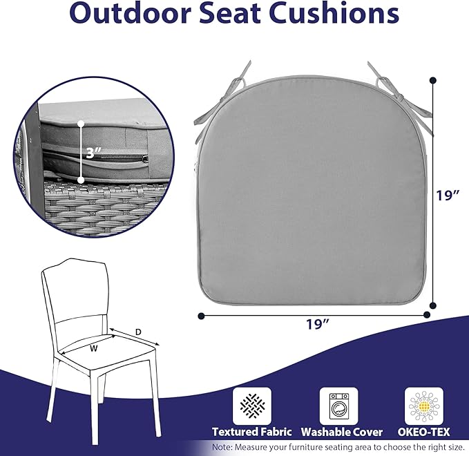 Outdoor Chair Cushions Set of 4 -Waterproof Outdoor Seat Cushions for Patio Furniture, Patio Chair Cushion with Handle and Ties, Round Out Door Chair Pads,19" x 19" x 3", Grey
