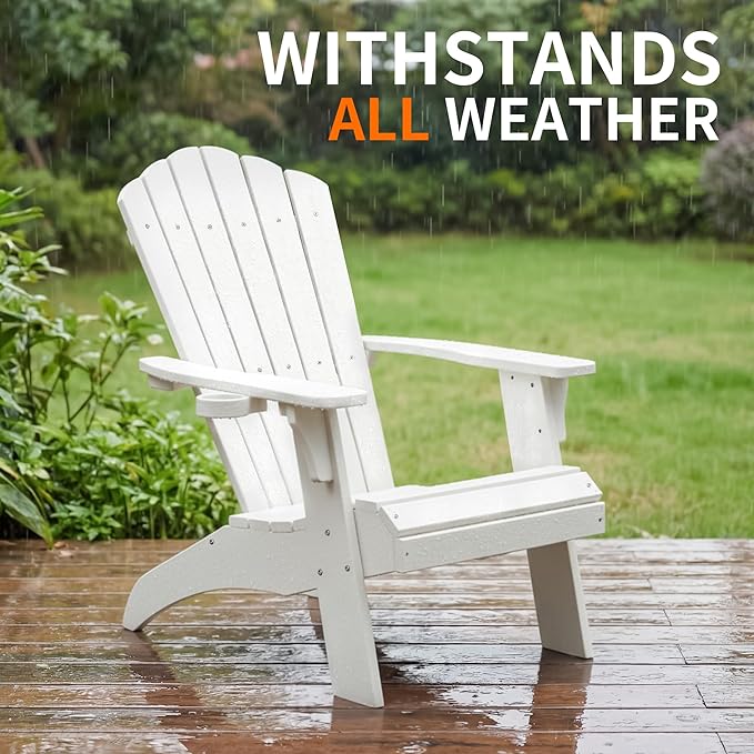 Psilvam Adirondack Chair, Oversized Poly Lumber Fire Pit Chair with Cup Holder, 350Lbs Support Patio Chairs for Garden, Weather Resistant Outdoors Seating, Relaxing Gift for Father & Mother (White)