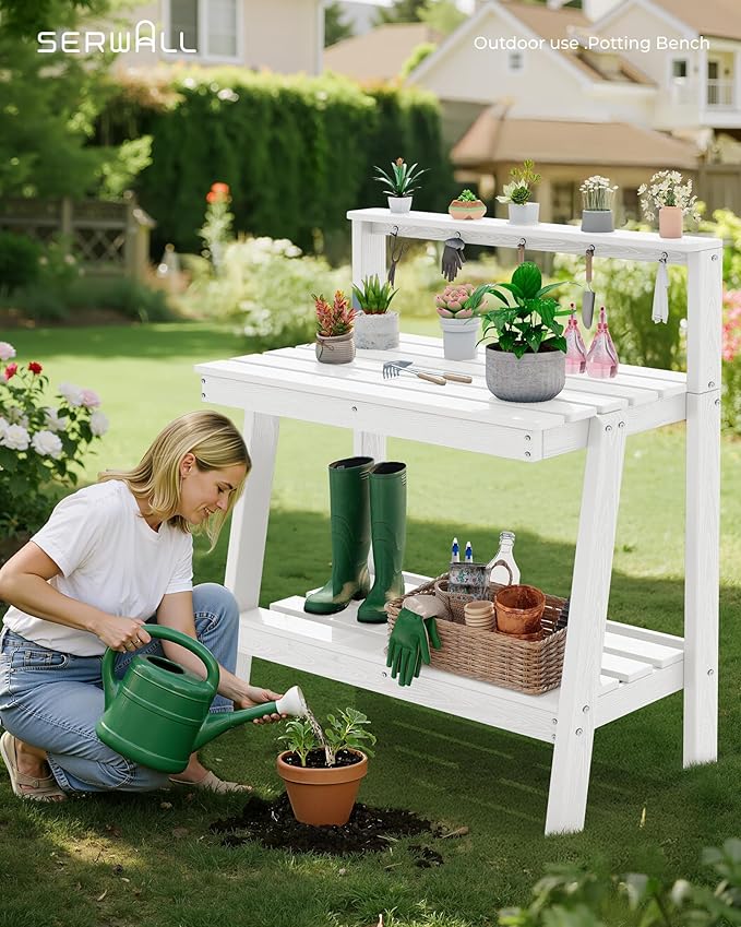 SERWALL Potting Bench Outdoor with Storage Set of 2, 3-Tier HDPE Gardening Table with Angled Legs & Tool Hooks, All-Weather Heavy Duty Potting Table for Patio, Backyard, Garden, White