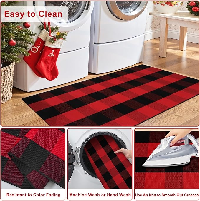 OJIA Christmas Outdoor Rug 3'x5', Red Plaid Front Door Mat Outdoor Area Rug Washable Cotton Outside Door Mats Layered Doormats Cotton Floor Carpet for Porch/Patio/Farmhouse/Entryway/Kitchen/Foyer
