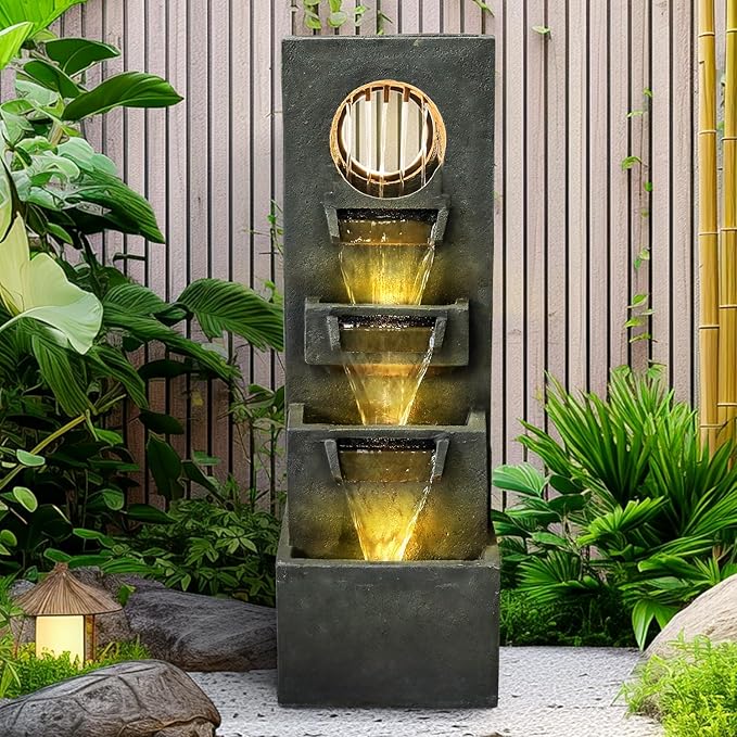 Modern Indoor Outdoor Waterfall Fountain - 39.3”Tall Relaxing Soothing Outdoor Freestanding Fountains with Lights&Pump, 4-Tier Outdoor Garden Fountain for House, Office, Garden, Patio