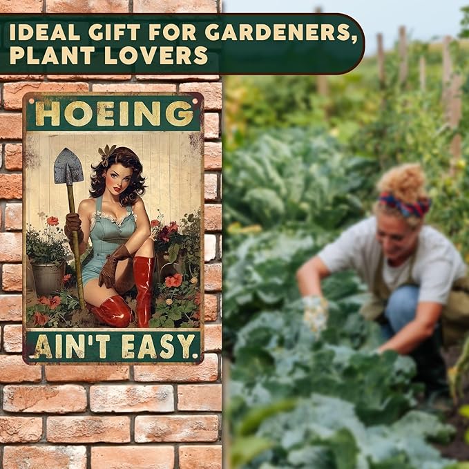 PEACHGARDEN Funny Garden Metal Sign - "Hoeing Ain't Easy" Vintage Pin-Up Wall Decor - Aluminum Yard Art for Patio, Backyard & Greenhouse - 8x12 Inch