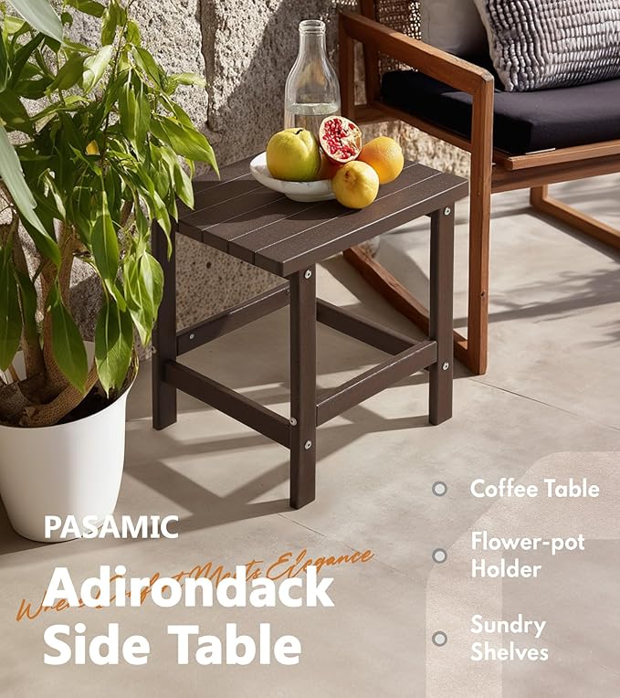 PASAMIC Adirondack Square Outdoor Side Table, HDPE Small Outdoor Table, Patio End Table for Patio, Pool, Backyard, Weather-Resistant (Brown)