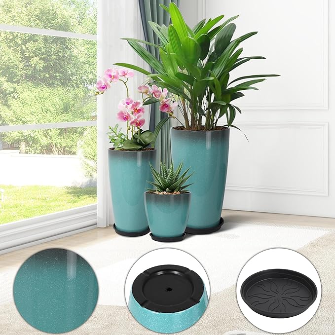 24/21/12 Inch Large Plastic Planter, Lightweight Ceramic-Look Tall Planters with Drain Hole & Saucers, Tall Plastic Planters for Porch, Garden, Patio, Balcony(Sky Blue)