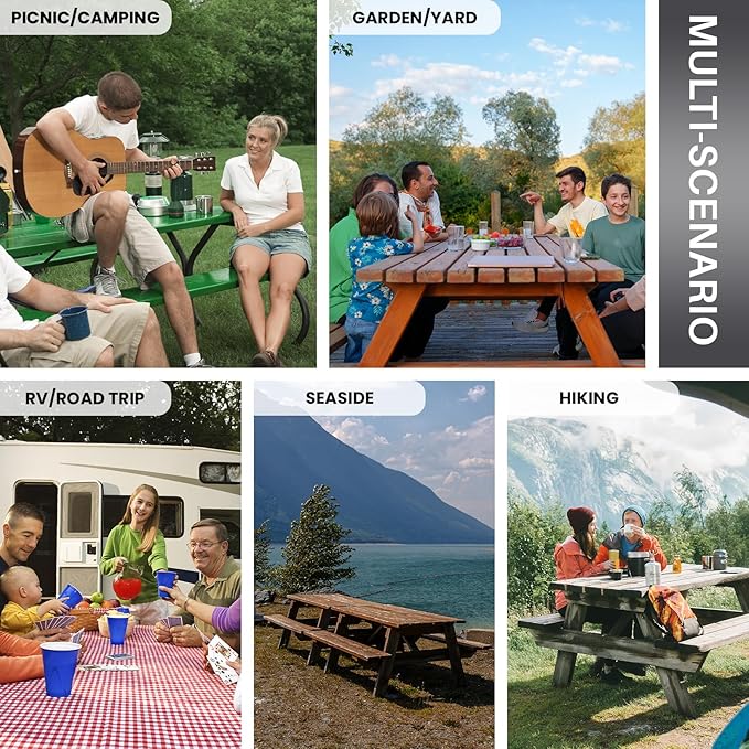 Picnic Table Cover with Bench Covers Fitted Waterproof Large Camping Tablecloth with Elastic for 8 Foot Tables Outdoor Travel RV Essentials Summer Vacation Accessories Fun Gifts for Couples