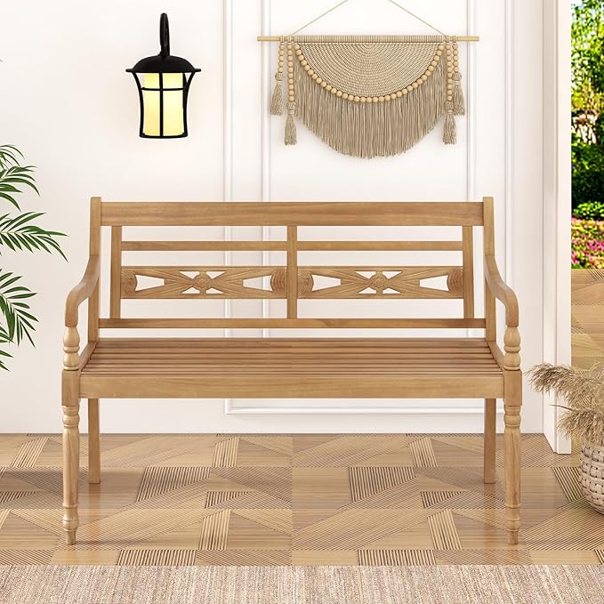 Tangkula Outdoor Bench, 2-Person Garden Bench with Wide Backrest and Curved Armrests, Teak Wood Patio Bench for Backyard, Porch and Park, 600 LBS/300 KG Weight Capacity, Natural