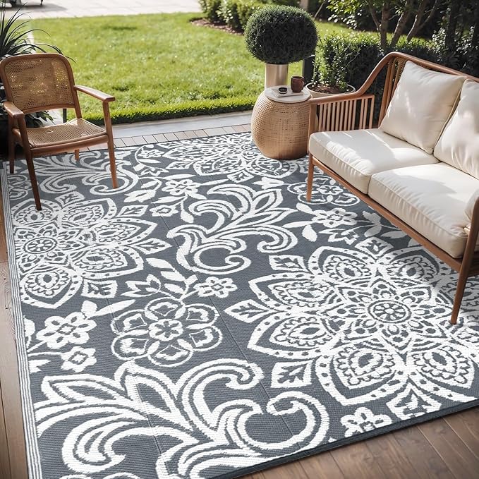 Findosom Waterproof Outdoor Rug 6' x 9' - Reversible Mandala Outdoor Plastic Straw Rug, Durable Foldable Patio Rug for RV, Deck, Balcony, Backyard, Picnic, Porch, Camping, Beach, Gray