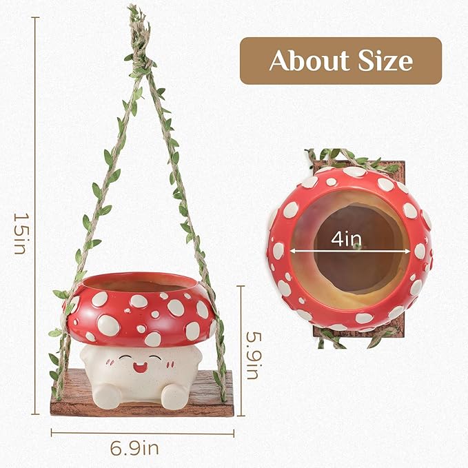 Mushroom Decor for Outdoor Garden: Gardening Plant Gifts for Women Mother Plant Lovers - 3.9inch Opening Cute Smiley Hanging Planter Pot with Drainage