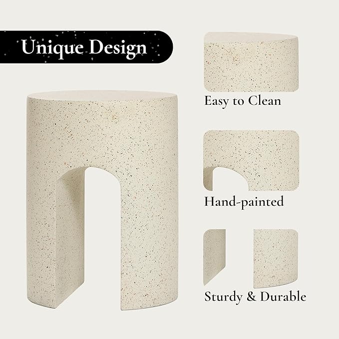 LuxenHome Mod Cream Cement Round with U-Shape Outdoor Side Table, Set of 2