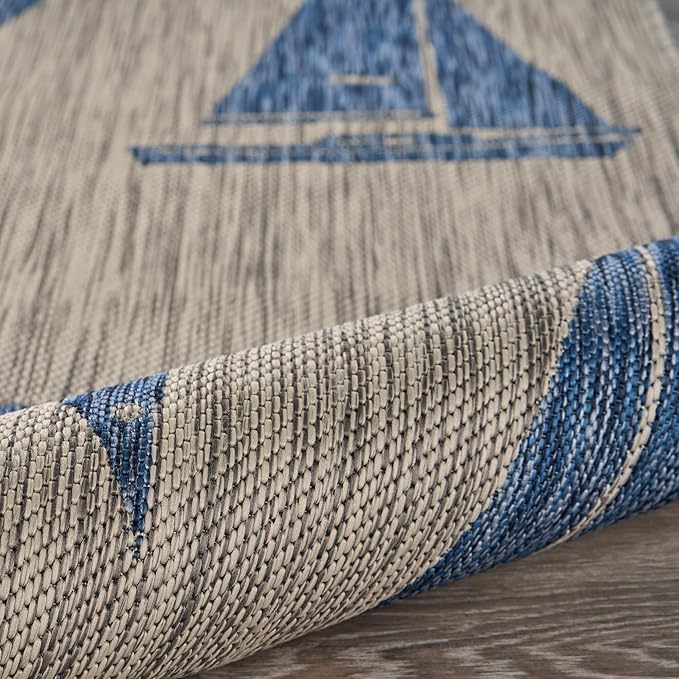 LR Home 8x10 Indoor/Outdoor Area Rug for Home Decor | Nautical Sailboats Large Size Carpet for Living Room, Bedroom, Playroom, Patio, Garden | Modern Farmhouse Rug | Gray/Blue