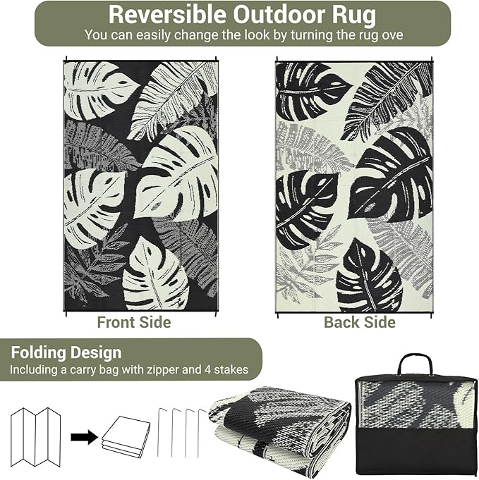 Outdoor Rug 8x10 Waterproof Patio Rugs Modern Leaf Print Reversible Mat for Front Door Rv Foldable Plastic Straw Carpet for Travel Trailers, Deck, Picnic, Camper, Balcony, Beach，Black/Beige