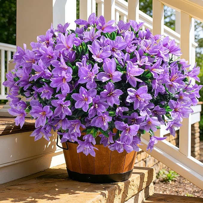 INSPRING Artificial Flowers for Outdoors Spring Summer Decorations, 3 Bundles Fake Azalea Flower Faux Outdoor Plants UV Resistant Realistic Silk Flowers for Outside Planter Patio Garden Walkways Home