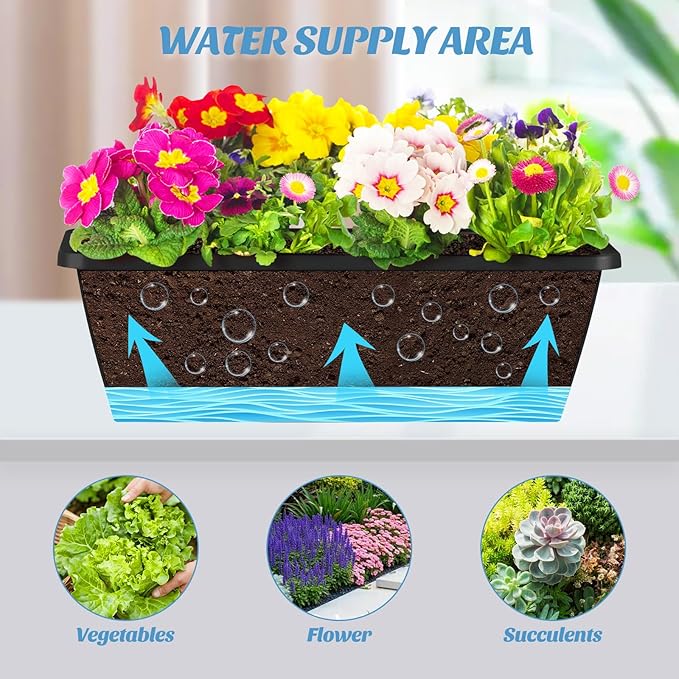 CADUKE Railing Planter Boxes 2 Pack 17 Inch Window Boxes Black Rectangle Railing Flower Box with Adjustable Bracket Window Deck Hanging Planters Boxes for Outdoor Patio