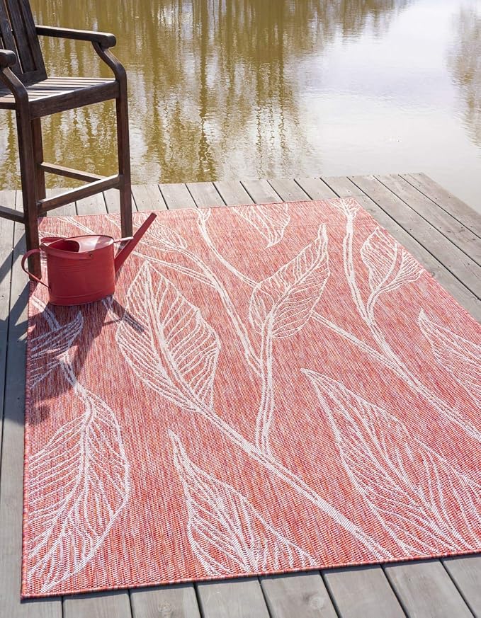 Unique Loom Outdoor Botanical Collection Area Rug - Leaf (5' 1" x 8' Rectangle, Rust Red/ Gray)