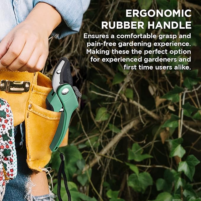 Nevlers 8" Green Anvil Pruning Shears Heavy Duty | Hand Pruners for Gardening w/Steel Blades, Safety Lock & Ergonomic Grip | 8mm Cut Plant Shears & Garden Clippers Handheld for Dead Stems & Branches
